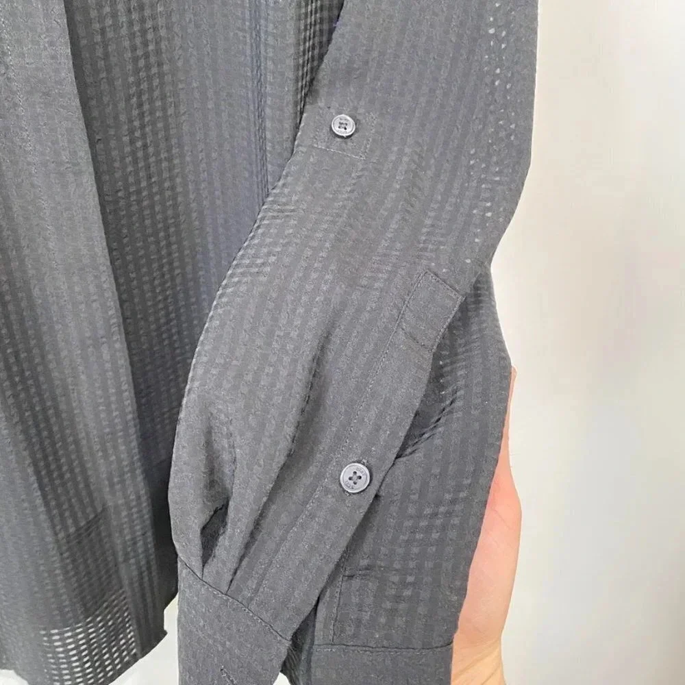 DKNY M Sheer Checkered Flowy Black Blouse with Collar Androgynous Sporty